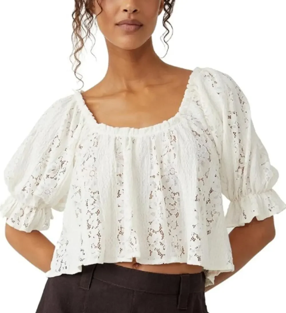 Free People Stacey White Lace Sheer Overshirt Boho Coquette Women's size Medium